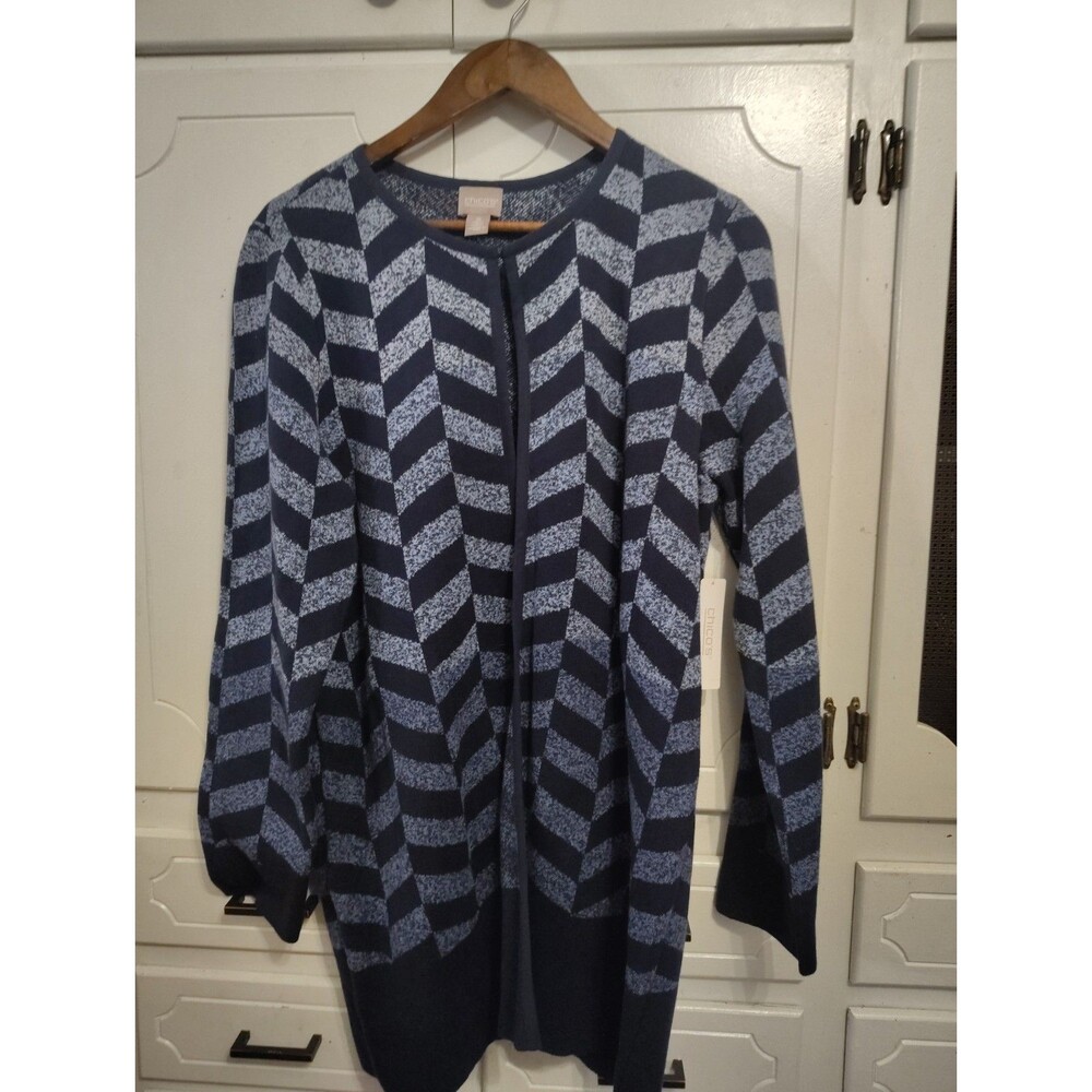 Chicos Blue Marled Ombre Cotton Knit Sweater Cardigan Size 2 Large New